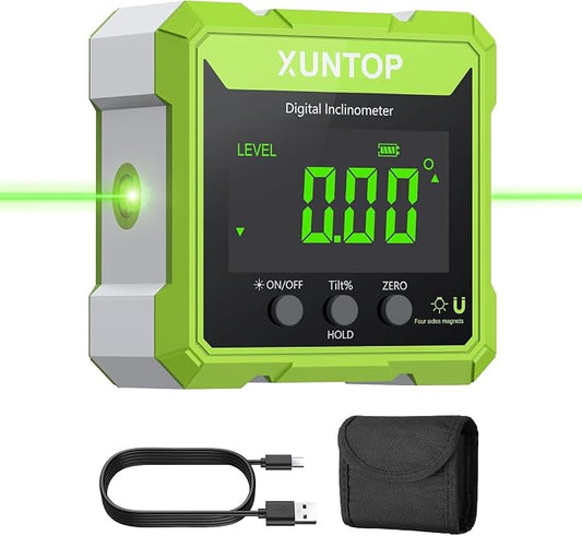 XUNTOP 4x90° Digital Angle Finder with Green Laser(Class 2, <1mW Output) 4 Sided Strong Magnetic Digital Angle Gauge Rechargeable IP54 Waterproof Level Box with VA Display for Woodworking Construction