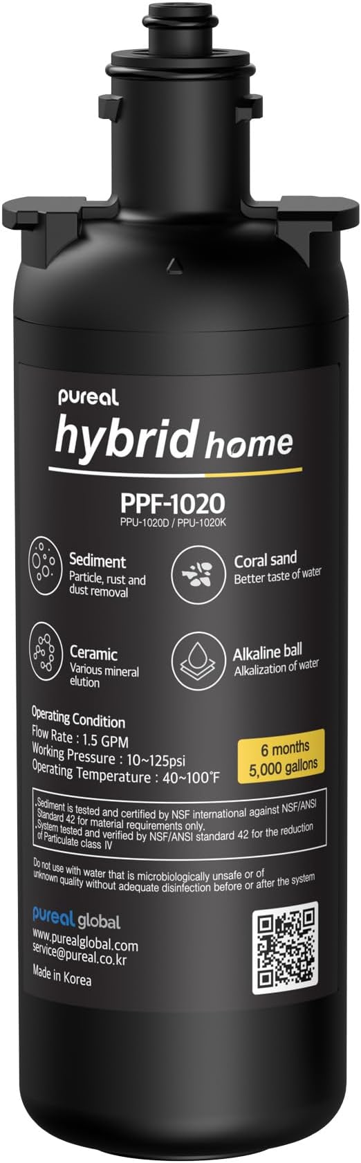 Pureal Under Sink Sediment Water Filter Replacement Cartridge, Alkaline Ceramic with Mineral, NSF/ANSI 42&372 Certified, Improves pH Balance, 5,000 Gallons, 10-Inch, Made in Korea (PPF-1020)