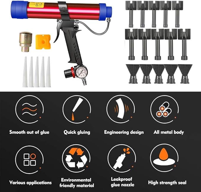 Shkalacar Glass Glue Gun, Adjustable Pneumatic Air Rubber Gun Tool 310ml Hard Glue Sealant Applicator Caulking Gun Tool, Windows Repair Instrument Hard Glue Sealant Applicator Caulking