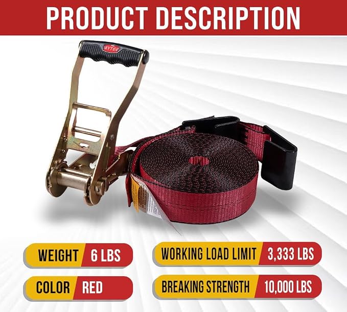 Mytee Products (20 Pack) 2" x 30' Ratchet Straps w/Flat Hook, WLL 3,333 Trailer Tie Down - Red for Flatbed, Truck, Trailers Pickup