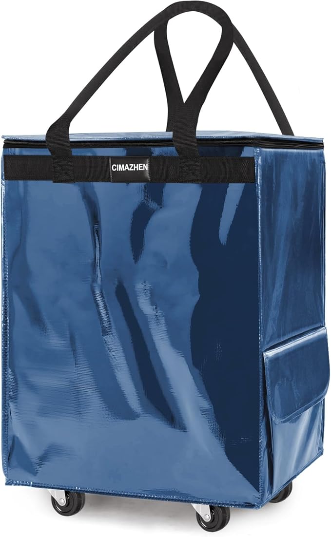 (Medium,Navy Blue) Reusable Grocery Bag on 4 Wheels, 70L Foldable Rolling Tote Bag with 3 Handles and Zipper, Rolling Shopping Cart for Groceries, Storage, Laundry, Travel, Organizer, 76lb