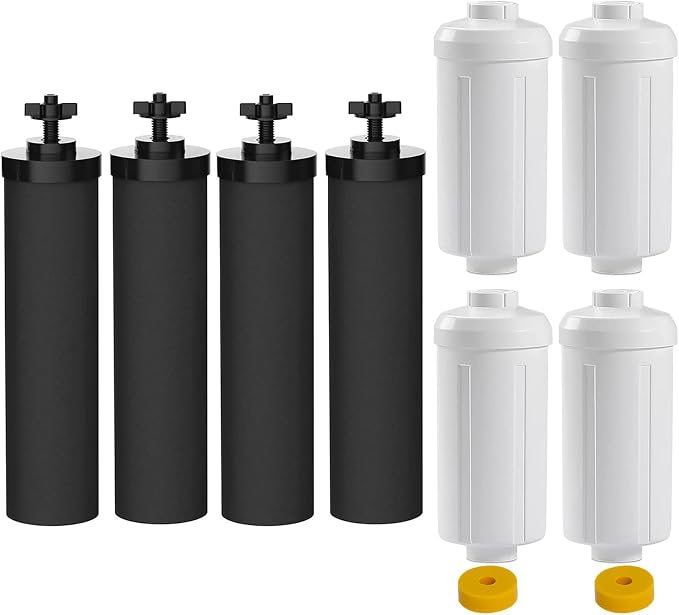 Water Filter Replacement Compatible with Berkey Gravity Filter Filtration System, NSF/ANSI 42 Certified 4 Black Filters and 4 Fluoride Filters PF2 for Travel, Big, Royal Series
