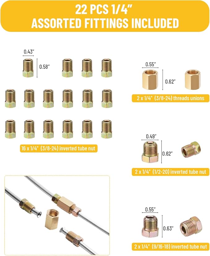 25 ft 3/16in &1/4in Zinc-Plated Brake Line Flaring Tool Kit, Includes 3-in-1 Tube Bender, Double & Single Flaring Tool Set, 1 Tube Cutter, 4 Threads Unions, 40 Fittings