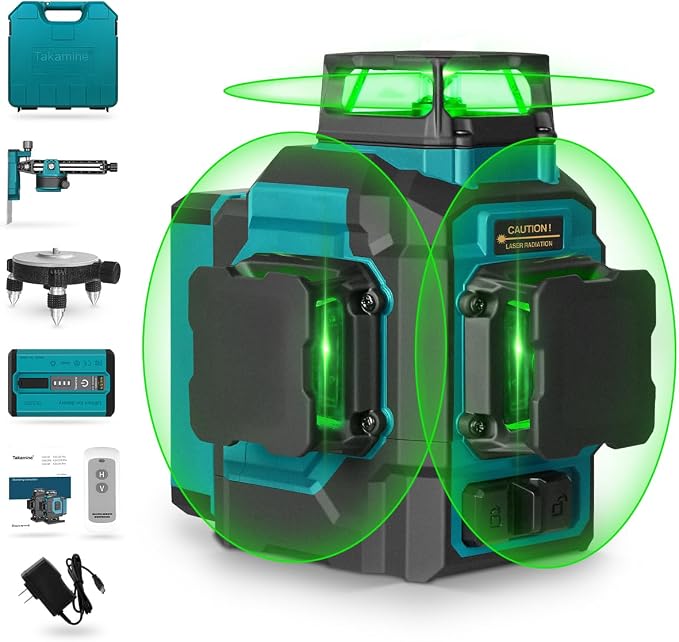 Takamine 3x360° 12 Lines Self Leveling Green Laser Level, 3D Cross Line for Construction/Picture Hanging with Remote Controller, Magnetic Rotating Stand and Hard Case