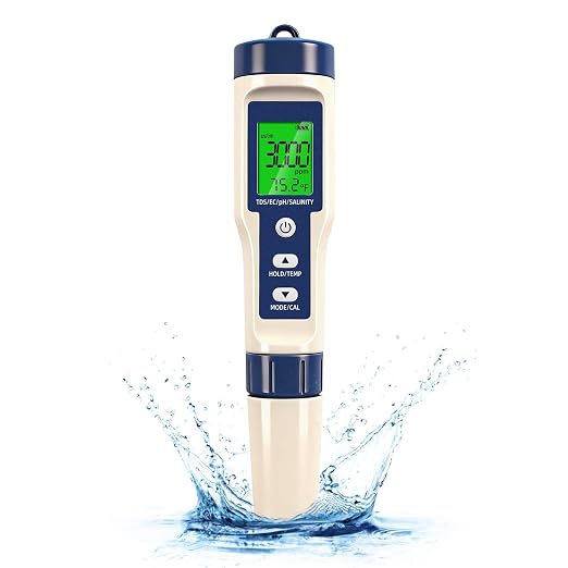 Pool Salt Tester & PH Meter - 5-in-1 Digital TDS Meter for Salinity PH Temp and EC, 0.01 High Accuracy, Swimming Pool, Hydroponics, Aquarium, Hot Tub, PPM Meter for Pool, Drinking Water, Wine, Food