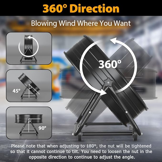 LifePlus 24 Inch Industrial Drum Fan, High Velocity Floor Fan, 3 Speed Heavy Duty Metal Air Circulator, 360° Tilt with Casters Handle ETL Standard for Patios, Warehouse, Commercial, 8900 CFM
