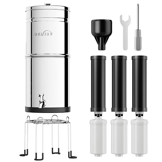 Gravity Water Filter System, 3.25G Stainless Steel Countertop System Water Purifier with Stand, Reduce 99% Chlorine for Home Camping Backpacking RVing, 3 Carbon and 3 Fluoride Filters