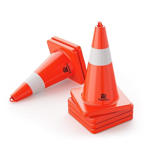 RoadHero Traffic Cones 18 Inch, 6 Pack Safety Cones with Handle, Orange Cones with Reflective Collar, Cones for Parking Lot, Sport and Driving Training, Road Safety, Construction Events