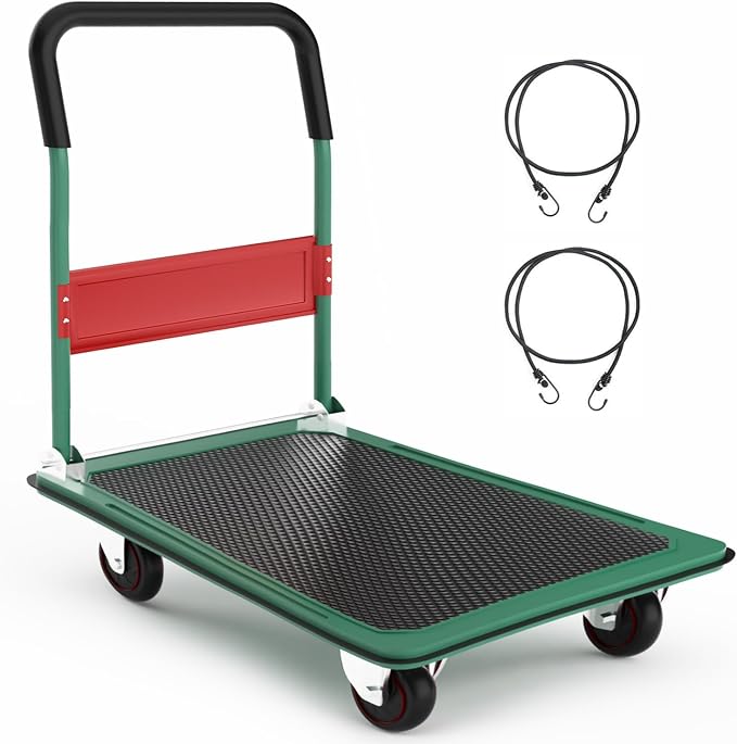 LEADALLWAY Foldable Push Cart 880lbs Capacity, Extra Tall 38.98" Height for Tall People, Heavy Duty Platform Truck 35.8" L x 24" W Green, Includes 2 Elastic Bungee Ropes