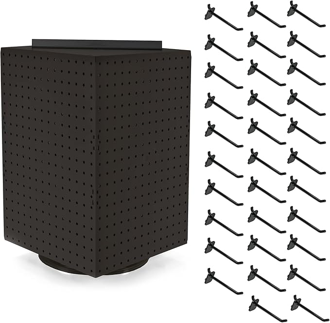 Azar Displays 701414-BLK-4B32 Rotating Countertop Display Kit with Peg Hooks Included, Pegboard Spinner Organizer, Jewelry Organizer Retail Display Necklace Holder Craft Storage,Black 14"x14"x20"