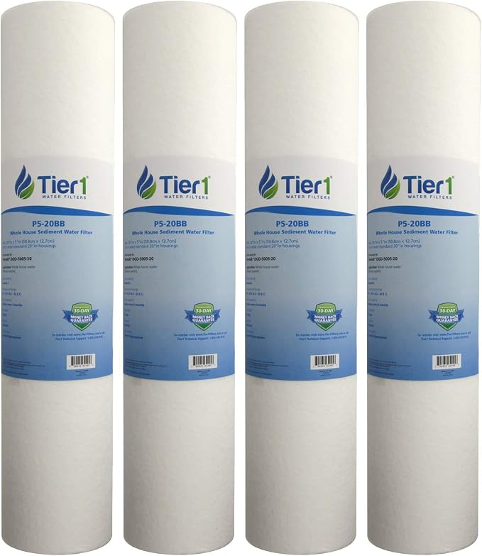 Tier1 5 Micron 20x4.5 Water Filter | Spun Wound Polypropylene Whole House Sediment Pre-Filter Cartridge | Replacement for Pentek DGD-5005-20, SDC-45-2005 | 4.5 x 20 Water Filter Cartridge (4-Pack)