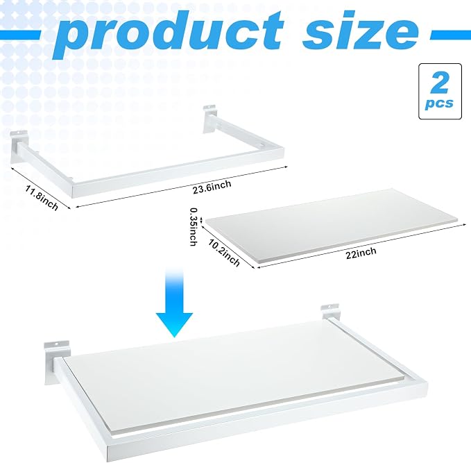 Blulu 2 Pack Slatwall Shelf, 23. 6x11. 8 Inch Wooden Wall Shelves with Metal Rectangular Tubing U Shaped Hanger Slatwall Shelving Organizer Accessories for Home Retail Display (White)