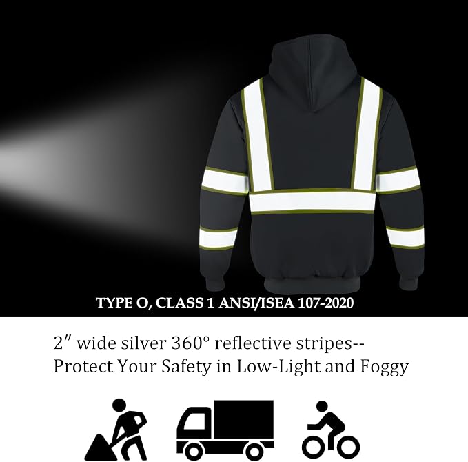 VENDACE Men's ANSI Class 3 High Vis Safety Reflective Sweatshirt Wool Fleece Zipper Jacket Hoodie (Grey,2XL)