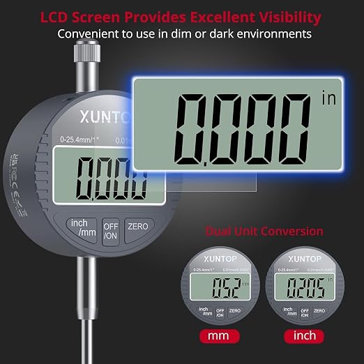 XUNTOP 0-1inch/0.0005inch Dial Digital Indicator and 90lbs (40kg) Magnetic Base Magnetic Electronic Indicator with 3 Adjustable Joints 5/16 inch (8mm) Clamping Diameter for Lathe CNC 3D Printer