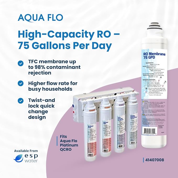Aqua Flo 41407008 Quick Change RO Membrane – 75 GPD TFC Filter for Aqua Flo Platinum QCRO 4-Stage Systems – Reduces TDS, Easy Twist-Lock Installation