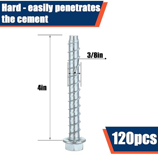 Tandefio 120 Pack 3/8" x 4" Concrete Screw Anchors Galvanized Large Diameter Heavy Duty Plated Concrete Anchors for Masonry Brick Anchoring Block Decking Framing Hex Drive