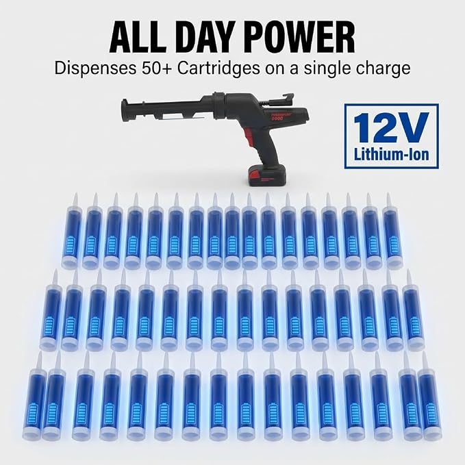 Heavy Duty Caulking Gun | 12V Cordless Drive | 29oz Cartridges 856ml 1 Quart | 450lbs Thrust | No Drip Professional Calking for Painters, DIYers, Automotive, Contractors