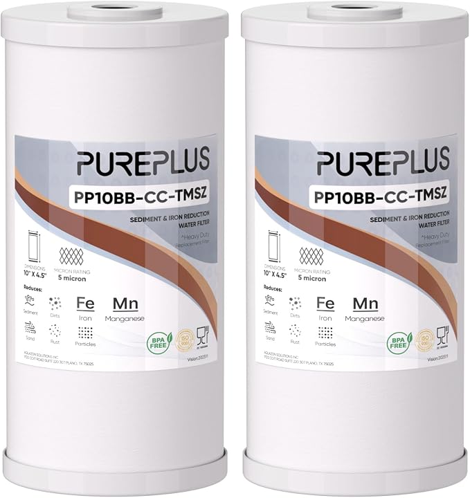 PUREPLUS 10" x 4.5" Whole House Iron Reducing Sediment Filter Compound for Well/TAP Water-Compatible with GE FXHTC, GXWH40L, GXWH35F, GNWH38S, Culligan RFC-BBSA, WRC25HD, Pentek RFC-BB,2Pack