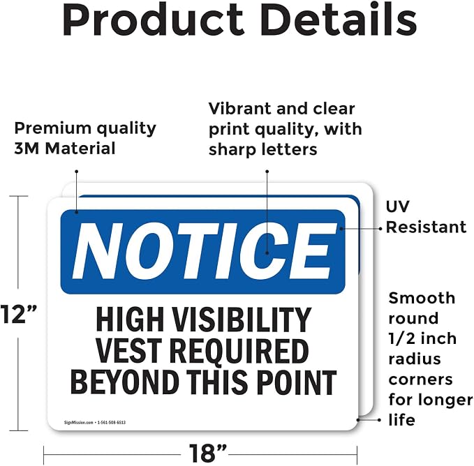 (2 Pack) High Visibility Vests Required Beyond This Point OSHA Notice Sign 18 Inch X 12 Inch Vinyl Label Decal Sticker Weather Resistant, UV Protected for Workplace, Business, and Construction Site, Made in the USA