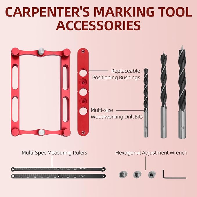 Positioner Locator Tool Dowel Jig Woodworking Joinery Hole Drill Guide，Center Finder Gauge with Self Centering Interchangeable Rods，Woodworking Marking Gauge for Precise Mortise and Tenon Jig