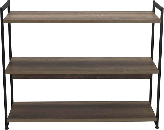 Household Essentials Wide 3‑Shelf Open Storage Bookshelf in Oak Rustic Wood Grain and White Metal Frame, Ashwood