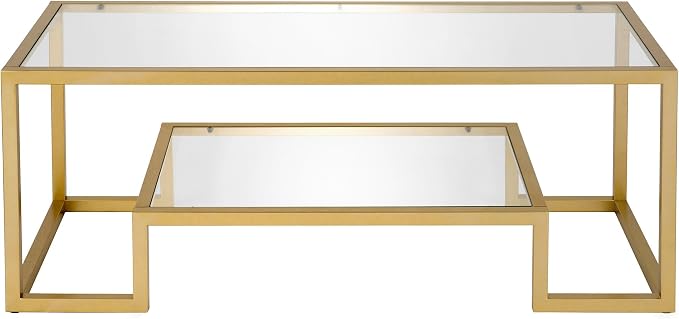 Henn&Hart 45" Rectangular Coffee Table with Glass Top and Raised Lower Shelf for Living Room, Family Room, or Office, Gold