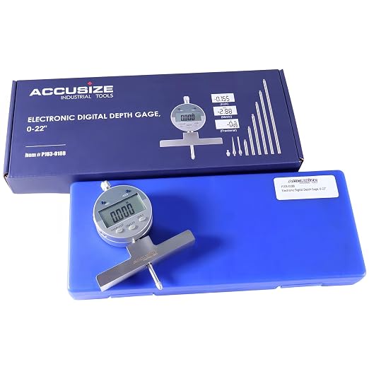 Accusize 0-22 in Digital Depth Gauge with Small-Hole Points, P103-0188 | 6 Connectable Rods, +/-0.001 in Accuracy, 0.0005 in Resolution, 4 in Base, 3/8 in Stem