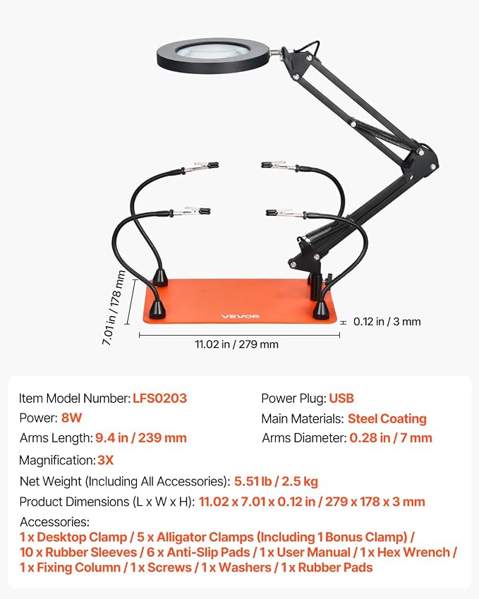 VEVOR Magnetic Helping Hands Soldering Station, 4 Flexible Arms Third Hand Tool with 3X LED Magnifying Lamp & Non-Slip Heavy-Duty Base, Soldering Helping Hands for Electronic Repair Craft Hobby DIY