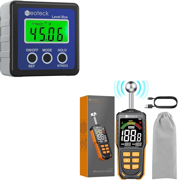 Neoteck Professional Measurement Kit: Digital Angle Finder LCD Protractor & Spherical Inductive Pinless Moisture Meter for Wood, Wall, Masonry, Concrete, Waterproof, Bevel Box, Inclinometer