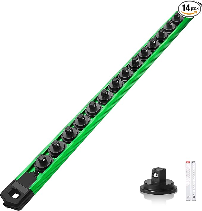 Reniteco Magnetic Socket Organizer, 1/4" Drive Aluminum Alloy Socket Rail, Heavy Duty Magnetic Socket Holder with 14PC 360° Swivel Removable Clips, Magnetic Socket Rack for Tool Box Drawer, Green