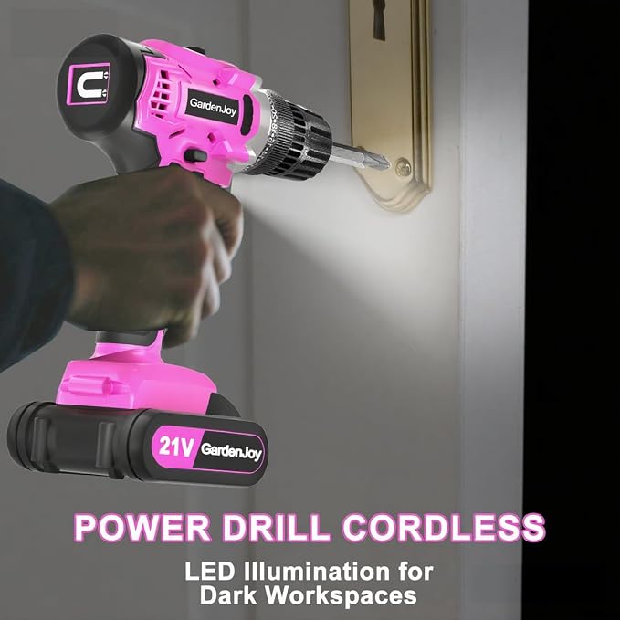 GardenJoy 20v Cordless Drill Set, Power Electric Kit 2 Batteries With Charger 30Nm 2-Speed 3/8" Keyless Chuck 24+1 Position Drill Driver screwdriver Bits with LED Electric Work Light Women DIY