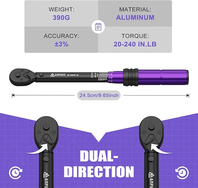ANPUDS 1/4 Inch Drive Click Torque Wrench, 20-240 in.lb/2.3-27.1 Nm | Aluminum Adjustable Inch Pound Tool with 72 Tooth, Dual Range Scales, Small Bike Torque Wrench for Bicycle Maintenance