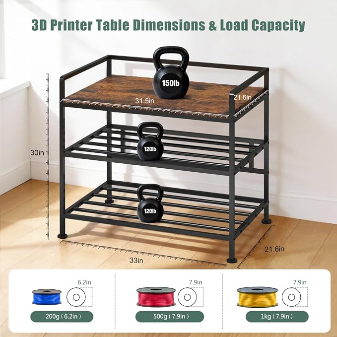 3D Printer Stand with Filament Storage 31.5"x21.6" Printer Table | Wobble-Free, 60 Filament Capacity, I-Beam Reinforced Structure, Anti-Vibration Feet, for Workshop Studio Office