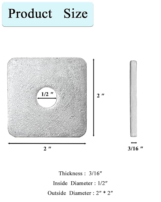 20-Pack 1/2” Hot-Dipped Galvanized Steel Square Washers, Flat Pad Spacer for Square Nut Fasteners, 1/2” ID x 2” Square x 0.18” Thick