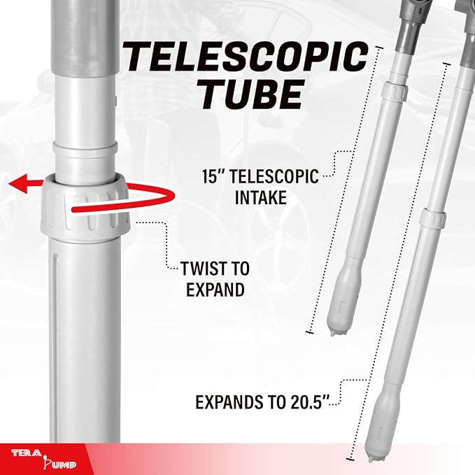 TERA PUMP Fuel Transfer Pump w/Quick Flow Control Nozzle | Telescopic Tube, Rechargeable Battery, 10FT Discharge Hose, Gas, Diesel, Water, 2.7 GPM