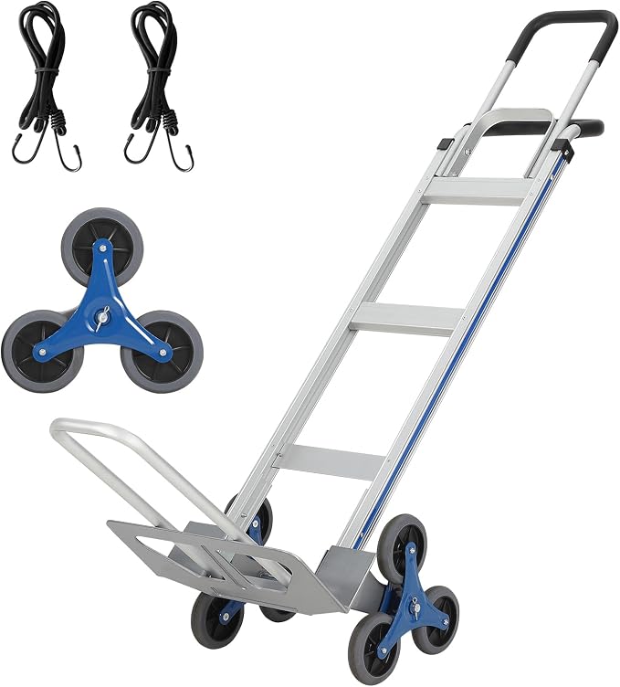 Aluminum Stair Climbing Cart,600 LBS 2 in 1 Heavy-Duty Aluminum Hand Truck with Extendable Base Plate, Dual Handles, 6 Wheels & 2 Elastic Ropes for Warehouse Shopping