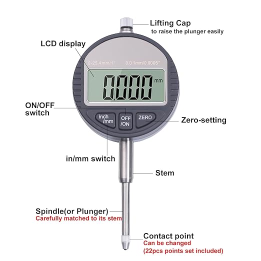 Qnkaa Electronic Digital Dial Indicator with Magnetic Base Holder Fine Adjustable Long Arm 0-1" / 25.4mm Inch/Metric Conversion Professional Gauge 0.01mm/0.001"