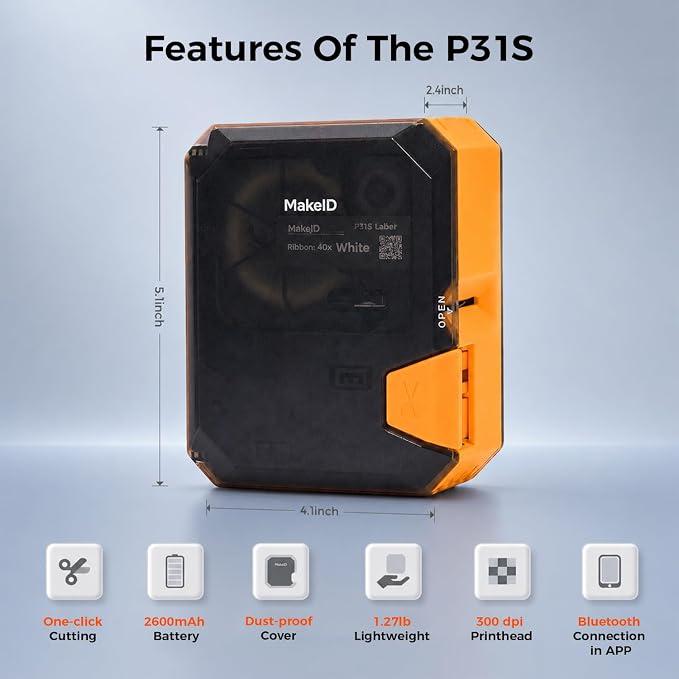 Makeid P31S Portable Industrial Label Printer, 1" Print Head, Bluetooth, Mobile/PC Software. Comes with 1 Roll 0.75" x 19.68ft Label, Harsh Environment Resistant, for Wire, Cable & Heat Shrink Tubes