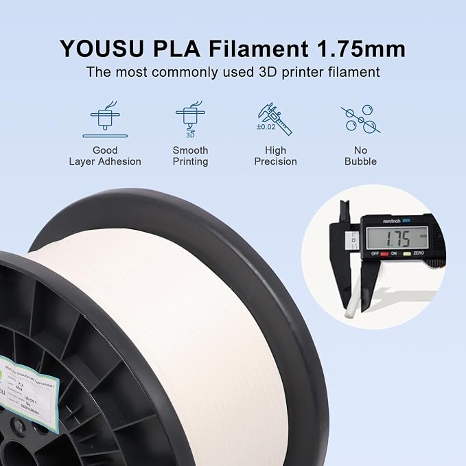 YOUSU PLA 5kg 3D Printer Filament Bundle 1.75mm, Print with Most FDM 3D Printers, 11lbs, 1 Pack 5kg Large Spool, Accuracy +/- 0.02mm, White