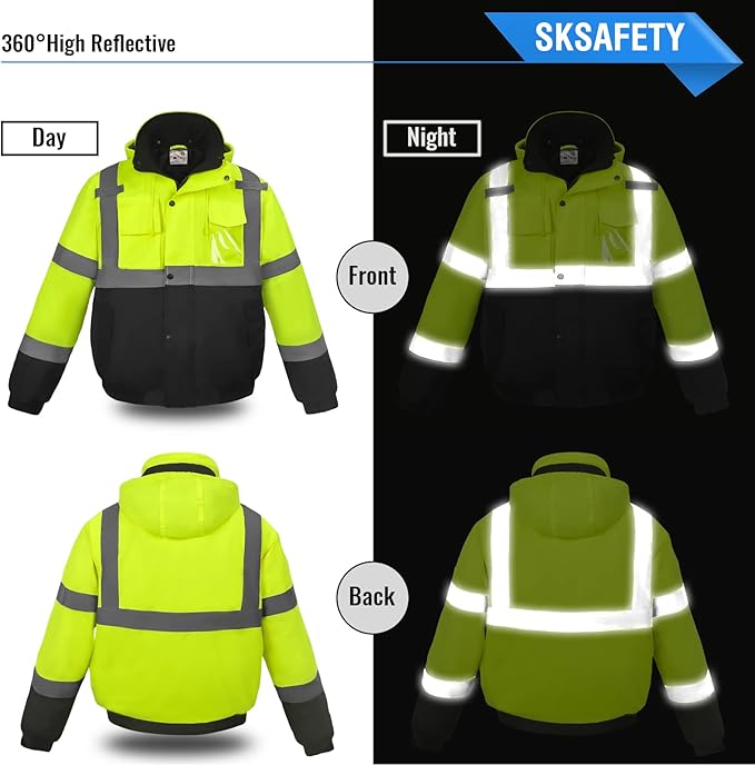 SKSAFETY High Visibility Reflective Jackets for Men, Waterproof Class 3 Safety Jacket with Pockets, Hi Vis Yellow Coats with Black Bottom, Mens Work Construction Coats for Cold Weather, L, 1 Pack