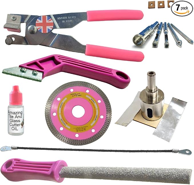 Ceramic Tile Cutters Kit - 4 Porcelain Drills, Hole Saw for Pipes, Blade for Notching, Grinder Saw for Cutting Sockets, File for Trimming Edges, Grout Rake for Cleaning