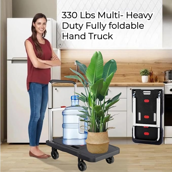 Folding Hand Truck, 330 Lbs Heavy Duty Luggage Cart, Portable Push cart Dolly with Adjustable Handle for Auto, Luggage, Personal, Travel, Moving Shopping and Office Use