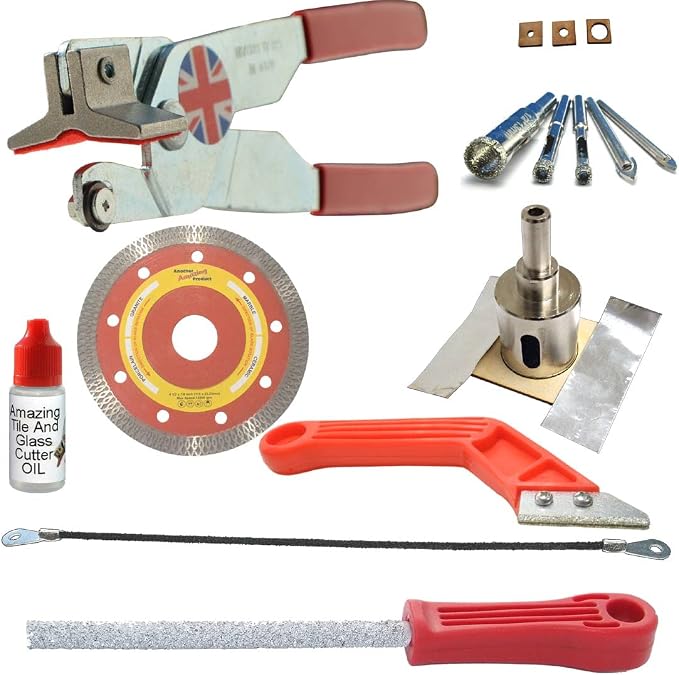 Tile Cutter for Ceramic Tiles Kit 4 Porcelain Tile Drills Hole Saw for Pipes Saw Blade for Notching Grinder Tile Saw for Cutting Out Sockets Tile File for Trimming Edges Grout Rake for Cleaning Grout