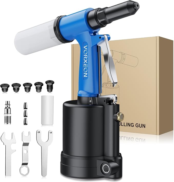 Air Rivet Gun 5 Nosepiece Sizes 3/32" to 1/4" with 3916 lbf Power Riveting for Heavy-Duty Automotive, Metalworking, HVAC and Construction Industrial Pneumatic Riveter Tool