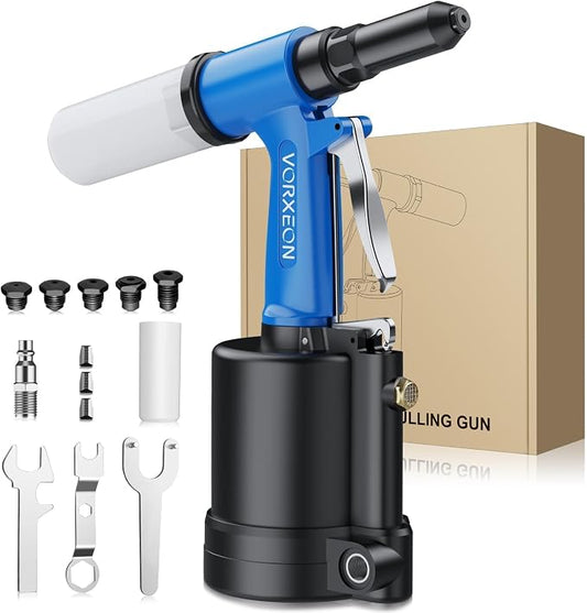 Air Rivet Gun 5 Nosepiece Sizes 3/32" to 1/4" with 3916 lbf Power Riveting for Heavy-Duty Automotive, Metalworking, HVAC and Construction Industrial Pneumatic Riveter Tool