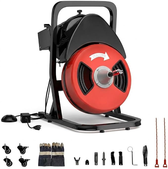 GarveeLife Drain Cleaner Machine,Drain Auger 50ft x 1/2 Inch Drain Cleaning Machine with 450W Motor & 4 Cutters for 2" to 4" Pipes, Includes Air-Activated Foot Switch