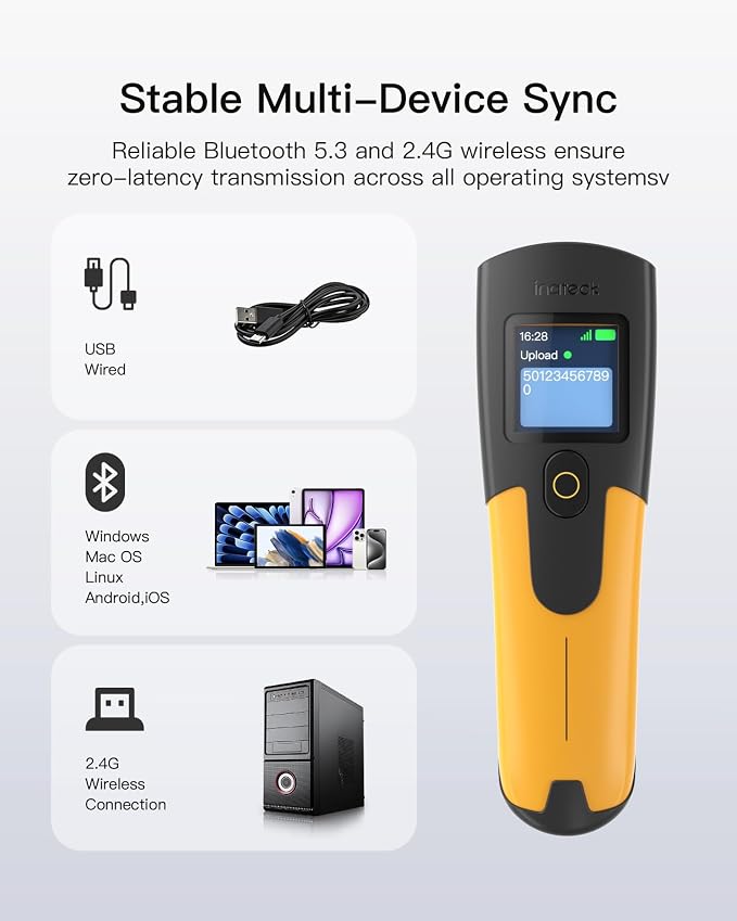 Inateck 1D Wireless Barcode Scanner with 1.4" TFT Screen, Portable Bluetooth Barcode Reader, 1000mAh Battery, Fast 1D Bar Code Scanning for Inventory, Library, Warehouse, Nano 230D