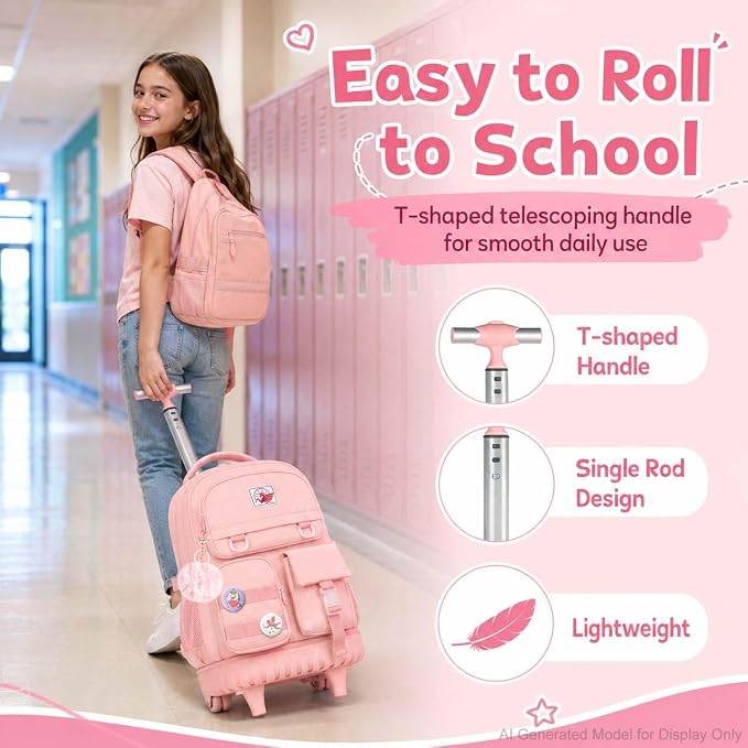 CCJPX Rolling Backpack for Girls Women, 21 inch Roller Wheels School Bookbag, Wheeled Suitcase Backpacks with Lunch Bag for Teen - Pink