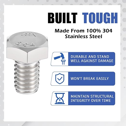 Zonon 50 Pcs 5/16-18 x 1/2" Hex Head Screw Bolt 18-8 (304) Stainless Steel Hexagon Bolts, Fully Threaded, Plain Finish, External Hex Drive (Silver)