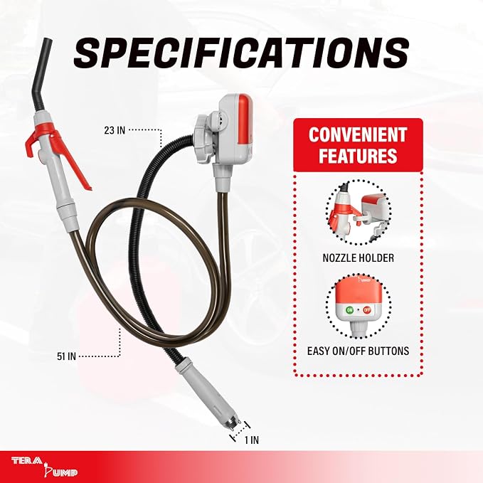TERA PUMP TRFA02-MTX-XL Fuel Transfer Pump (2.5 GPM), AA Battery Powered Gas Can Pump, Flow Control Nozzle w/Universal Adapter + Utility Jug Adapter for Gas Diesel E85 E15-4.25ft Heavy-Duty Hose
